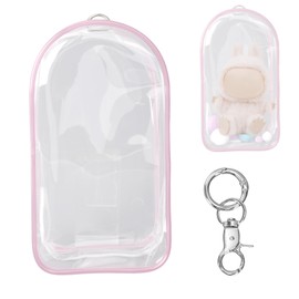 Präsentationstasche für Puppen, 19,5 x 10,5 cm, wasserdichte Tragetasche aus PVC mit Pompons und Schlüsselanhänger Durchsichtige Präsentationstasche für Puppen (Rosa)