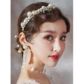 JWICOS Silver Bridal Headband Pearl Tiara for Women Rhinestone Wedding Hair Accessories for Brides and Bridesmaid Headpieces for Prom Pageant Birthday Party (Silver)