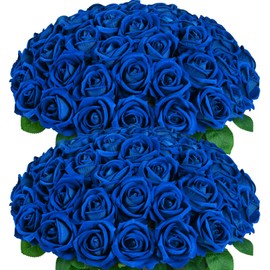 50 Pcs Blue Roses Artificial Flowers, Real Touch Velvet Roses Fake Flowers Bulk, Artificial Roses Bouquet with Long Stems for Valentine's Day Bridal DIY Wedding Party Centerpiece Decorations