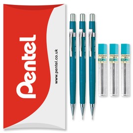 Pentel P200 Series Automatic Mechanical Pencils - HB Lead - 3 x Pencils + 3 Tubes of Refill Leads - In Pillow Packaging (P207 (0.7mm))