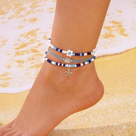 Anklets For Women Color Beads Charm Adjustable Ankle Set Boho Multilayer Beach Foot Jewelry (3#, Pack of One)