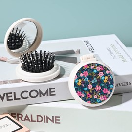 Mini hairbrush, pocket hairbrush with mirror, portable for purse/pocket, travel size (Flower)