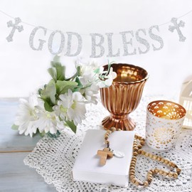 God Bless Banner, Bless This Child, First Communion, Baby Shower/Baptism/Christening Party Decorations Supplies, Silver Glitter