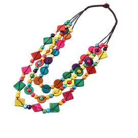COLORFUL BLING Ethnic African Wood Bead Statement Pendant Collar Layered Long Strand Chunky Coconut Shell Geometric Choker Bib Necklace Bohemian Jewelry-Style F