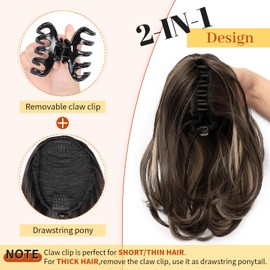 KooKaStyle Ponytail Extension, 10" Short Claw Clip in Pony Tails Hair Extensions Curly Wavy Synthetic Drawstring Hairpieces for Women(Brown mixed Blonde Highlights)