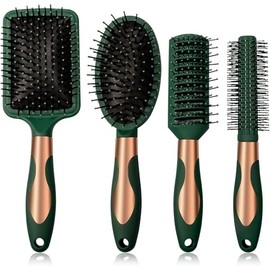 Set de Cepillos para Cabello 4 Piezas – Cepillo Acolchonado, Cepillo Ovalado, Cepillo Ventilado y Cepillo Redondo – Antinudos y Antiestático – Para Mujeres y Hombres - Unisex para Rizado o Liso (Verde bosque)