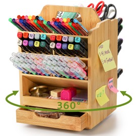 SOUJOY Bamboo Pen Holder Organizer, 360°Rotating Art Supply Storage Caddy, Hold 400+ Pencils, 15 compartments Office Desk Stand Box with Handle for Marker Pens, Colored Pencil, Art Brushes