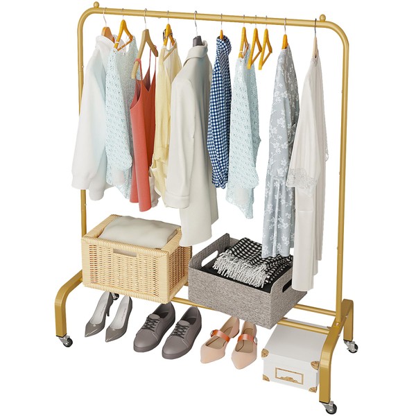 JIUYOTREE Metal Clothing Rack with Wheels 43.3 Inches Rolling Clothes