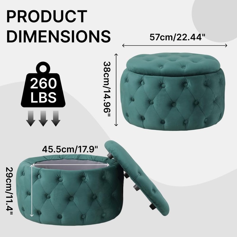 Oval Storage Ottoman with Button-Tufted Diamond Stitch, Upholstered Storage Bench