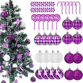 Liliful 66 Pcs Classic Purple and White Christmas Ball Ornaments Decor and Candy Canes Christmas Tree Decorations for Christmas Tree Hanging Decor Candy Lollipop Craft Christmas Party Supplies