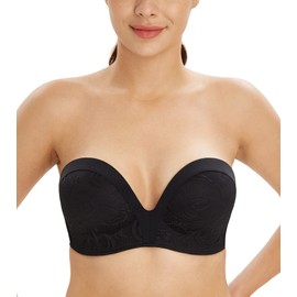 Lemorosy Wirefree Strapless Push up Bra Hand Shape Anti-Slip Push Size Custom Lift Bra(32D, Lace Black)