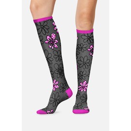 Cherokee Women's 10-15mmHg Compression Socks – Fun Print Knee Highs with Light Support, Soft Feel - PRINTSUPPORT, Plus, Flower Power