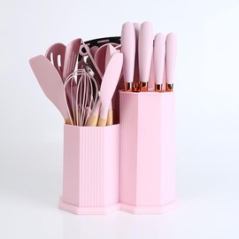 Generic Cooking Utensils Set, 19 PCS Silicone Kitchen Utensils Set with Holder and Kitchen Knife Set for Cooking, Non-stick Heat Resistan Kitchen Tools and Gadgets with Wooden Handle (Pink), large
