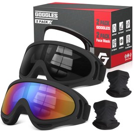 Dirt Bike Goggles, 2-Pack Motorcycle Goggles ATV Goggles Anti-Impact Motocross Goggles Ski Goggles Windproof Glasses Racing Goggles UV Protection Dust-Proof, with 2 Face Mask (Gray Lens + Color Lens)