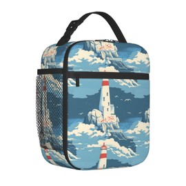 SIUKUS Lighthouse Lunch Box,Reusable Cloud and Seagull Ocean Scene Design Insulated Lunchbag Gifts for Kids,Women,Men,Polyester Cooler Lunchbox for School,Work,Picnic,Travel,Beach