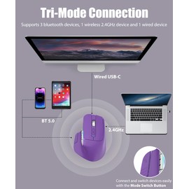 TISHLED Wireless Gaming Mouse Tri-Mode 2.4Ghz/Bluetooth 5.2/Wired USB-C with Two Scroll Wheels RGB LED Backlit 4-Level DPI Rechargeable Ergonomic Optical Mice for Computer/Laptop/Office/Gamer, Purple