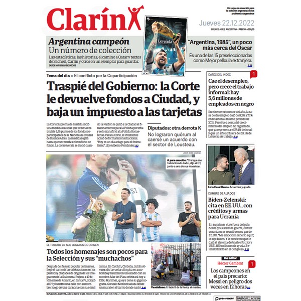 Clarín "Todos Los Homenajes Son Pocos Para La Selección Y Sus Muchachos" Diario Impreso Argentino Thursday Argentina Newspaper - All Sections (Spanish) (12/22/22)