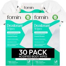 Fomin Acidified Travel Deodorant Wipes for Women & Men - Coastal Breeze - pH Balanced, Mini Deodorant Travel Size Wipes deodorant  wipes lumewholebody  deodorant - Pack Size: 30 Pack