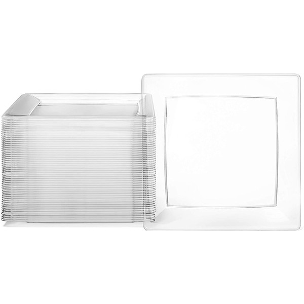 Clear Square Plates Set by Oasis Creations - 9" - 50 Count - Premium Hard Clear Plastic - Disposable and Reusable - Dinner Plates - Salad Plates - Party Plate Set - Weddings, Parties, Events & More!