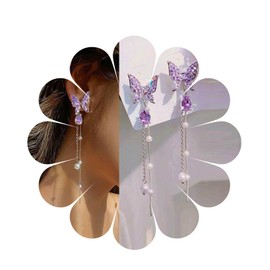 Cybche Vintage Purple Crystal Butterfly Earrings Long Tassel Pearl Chain Earrings Sparkly CZ Butterfly Pearl Drop Earrings Purple Butterfly Stud Earrings Jewelry for Women