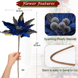 Briful 4 PCS 12" Glitter Poinsettia Blue Artificial Flowers Stem for Christmas Tree Decorations Fake Poinsettia Flowers Large Artificial Christmas Flowers Arrangements for Xmas Decorations
