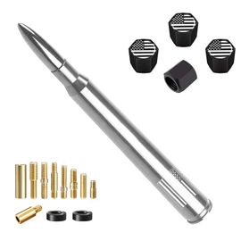 Truck Bullet Antenna with Valve Stem Caps for GM Chevy Silverado 1500 2500 3500 HD Avalanche Ford F Series F150 F250 GMC Sierra 1500 2500 3500 Denali Heavy Truck Accessories (Chrome)- 7inch