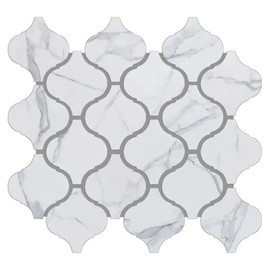 Tenedos 3 Inch Arabesque Pattern Glazed Porcelain Mosaic Wall Floor Tile with Carrara White Grey Marble Look for Flooring, Kitchen Backsplash, Bathroom Shower (10)