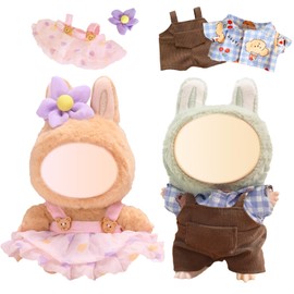 17cm Clothes for Doll, 2 Set Monster Doll Dress Accessories with Shirts Strap Pants Skirt Hair Clips, Cute Plush Clothes for 17cm Doll Boy and Girl for Best Gifts (not including doll)