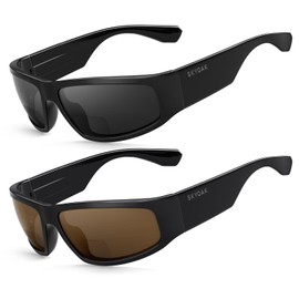 2 PACK Unbreakable Bifocal Reading Sunglasses for Men, Wrap Around Sun Reader Heavy Duty Temple UV400 Outdoor Sports Driving Finshing (Black & Grey +2.0)