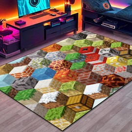 Alfombra de juego de bloques para adolescentes y niños, con elementos de juego de píxeles, alfombra de juego de bloques de cubeta para recámara de niños, sala de estar, sala de juegos, alfombras