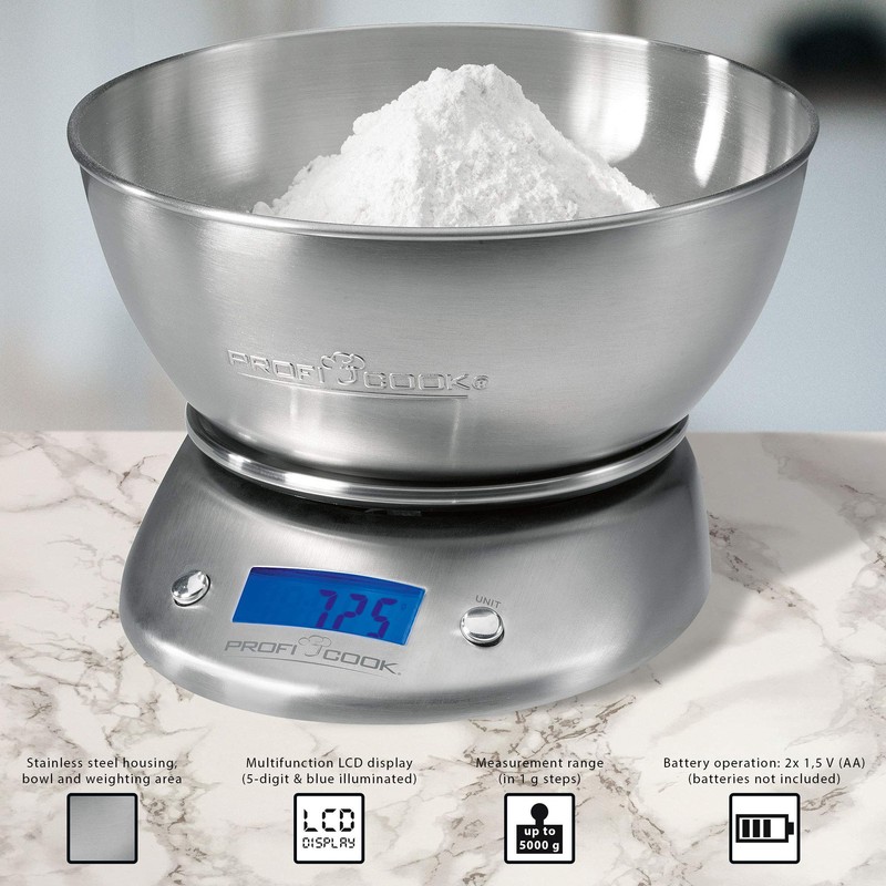 ProfiCook PC-KW 1040 Digitale Küchenwaage, Gehäuse, Schüssel und Wiegefläche aus