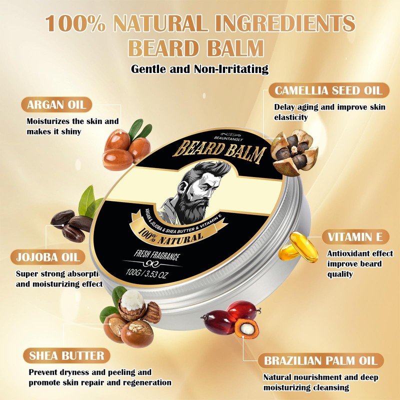 Beard Balm for Men, 100% Natural with Shea Butter, Argan