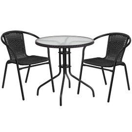 Flash Furniture 28'' Round Glass Metal Table with Black Rattan Edging and 2 Black Rattan Stack Chairs