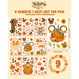 JMHACHY Fall Window Clings - 9 Sheets 149 Pcs Fall Decorations for Autumn Thanksgiving Harvest Home Party, Pumpkin Leaves Car Maple Castle Acorns Stickers for Glass, Double-Sided Static Window Decals