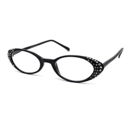 Womens Rhinestone Studded Oval Cat Eye Reading Glasses with Hard Case Black +1.25