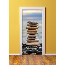 Windowpix DoorPix 36x80 / 36 x 80 3D Door Mural Wrap Glossy Bubble Free Sticker Lake Shore Beige Stones - Peel and Stick - Easy-to-Clean, Durable