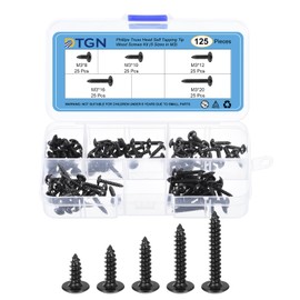 DTGN Sheet Metal Screws Assortment Kit - 125Pack - for Wood, Furniture - 5 Sizes Carbon Steel M3 Phillips Truss Head Self Tapping Tip Wood Screws - Black
