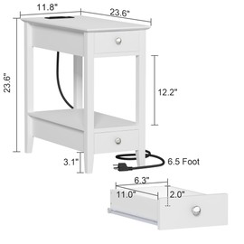 Treocho End Tables Living Room Set of 2, Narrow Side Table with Charging Station, White Table Bedside Sofa for Small Spaces, Living Room, Bedroom