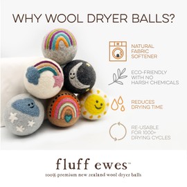 Fluff Ewes Premium Handmade New Zealand Reusable Wool Dryer Balls for Laundry, Baby, Anti-Static Alternative to Liquid Fabric Softener, Plastic Dryer Balls & Dryer Sheets, 6 Pack Set, Rainbow or Shine