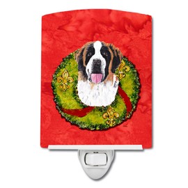 Caroline's Treasures SC9082CNL Saint Bernard Christmas Wreath Ceramic Night Light Compact, UL-Certified, Ideal for Bedroom, Bathroom, Nursery, Hallway, Kitchen, 6x4x3, Multicolor