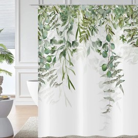 Hnmdmyi Green Leaf Shower Curtain 180x180, Eucalyptus Leaves Shower Curtains Watercolor Plant Botanical Nature Bathroom Curtains with Hooks Waterproof Polyester Fabric Washable Bath Curtains