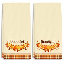 RZQIJ Orange Buffalo Plaid Pumpkin Leaves Fall Kitchen Towels Dish Towels Dishcloth, Fall Thanksgiving Decor for Kitchen Bathroom Home, 16 x 24 Farmhouse Decoration Hand Towels Set of 2. (013)