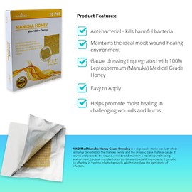 AWD Medical AWD Manuka Honey Gauze Dressing - 100% Impregnated Medical Grade Honey Patches - Medical Supplies, Wound Care, and First Aid - Gauze Pads 10 Count (2"x2")