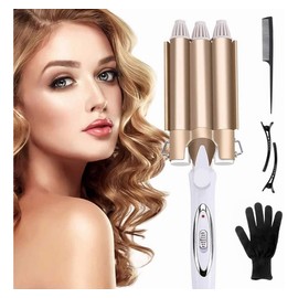 Rizador de Cabello, Rizador de Pelo Profesional con 3 Varillas Temperatura Ajustable, Rizadora para Cabello Triple Tubo de 25mm, se Calienta Rápidamente para Mujer Cabello Largo/Corto y Viajero Rega