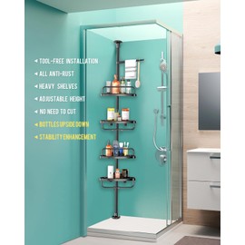ADOVEL 4 Layer Corner Shower Caddy, Stainless Steel ​Constant Tension Pole Shower Organizer, Adjustable Corner Shower Shelf, Rustproof 3.3 to 9.8 ft
