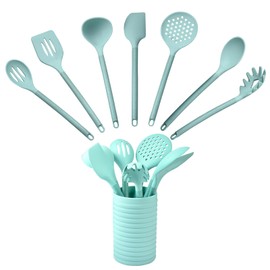 Cooking Utensils Set, 8 Pieces Kitchen Silicone Utensils Set with Holder, Spatula Turner Set for Nonstick Cookware, Heat Resistant Kitchen Tools Set, Stylish Kitchenware Sets Dishwasher Safe (Green)