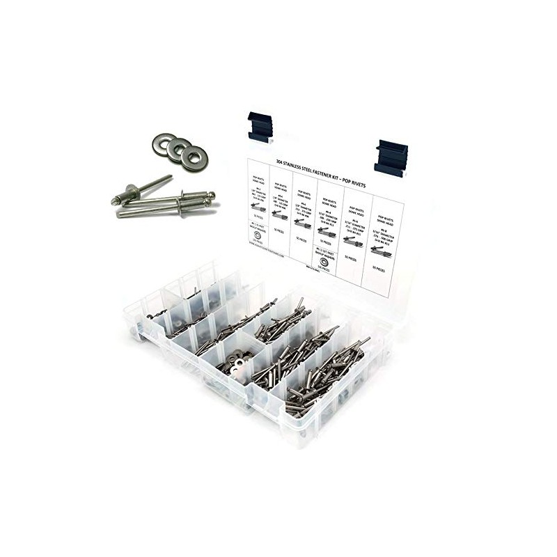 Stainless Steel Domed Pop Rivet Fastener Assortment Kit with Backing
