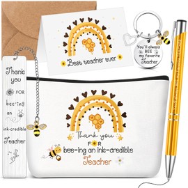 Tenare 6 Pcs Teacher Appreciation Gifts Include Cute Bee Makeup Bag Thank You Teacher Keychain Bookmark Ballpoint Pen Greeting Card with Envelope for Graduation Christmas School Office Supplies