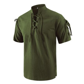 mogenda Men’s Renaissance Costume Beach Shirts Short Sleeve Lace-up Viking Pirate T-Shirts V Neck Hippie Yoga Tops(2XL,Army)