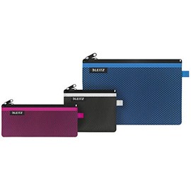 Set of 3 Leitz Wow 2-Pocket Pencil Cases, Nylon Zip, Washable, Ideal Plastic Wallet, Pencil Case and Storage Pouch - Assorted Colours, 40150099